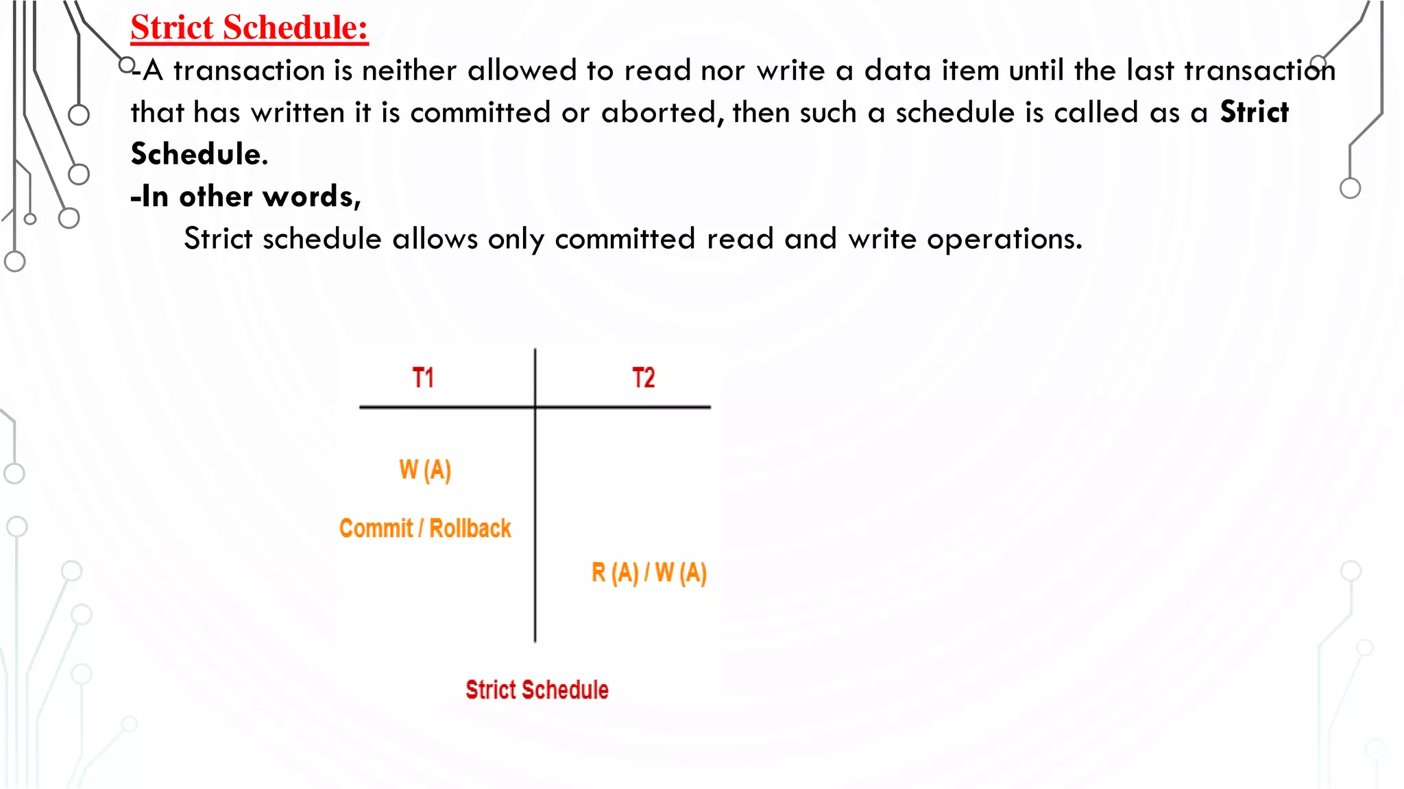 Strict Schedule:
-A transaction is neither allowed to read nor write a data item until the last transaction
that has written it is committed or aborted, then such a schedule is called as a Strict
Schedule.
-In other words,
Strict schedule allows only committed read and write operations.
 