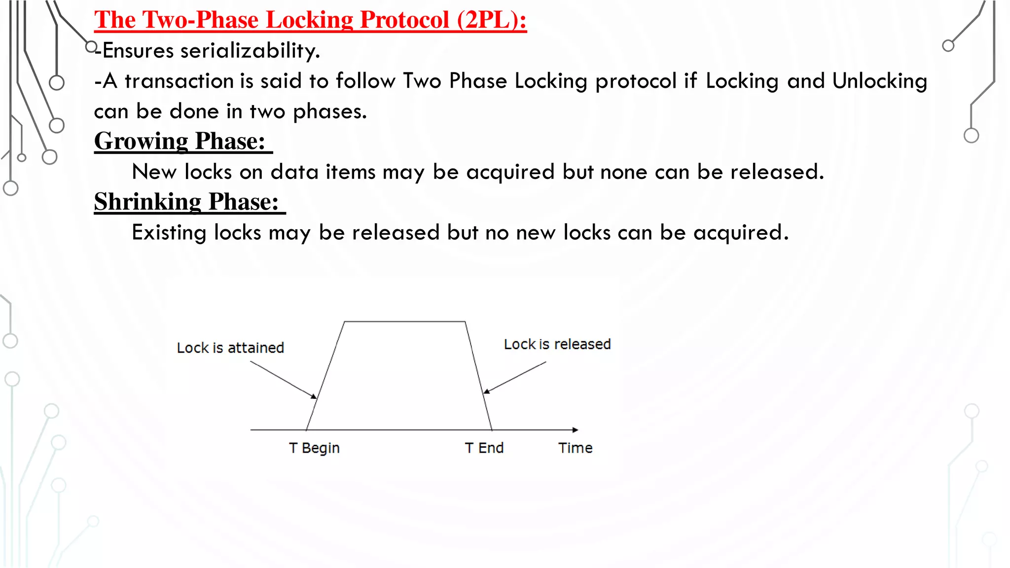 The Two-Phase Locking Protocol (2PL):
-Ensures serializability.
-A transaction is said to follow Two Phase Locking protocol if Locking and Unlocking
can be done in two phases.
Growing Phase:
New locks on data items may be acquired but none can be released.
Shrinking Phase:
Existing locks may be released but no new locks can be acquired.
 
