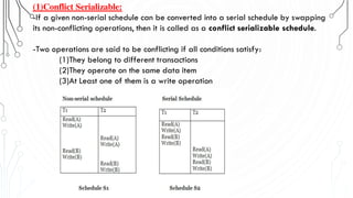 (1)Conflict Serializable:
-If a given non-serial schedule can be converted into a serial schedule by swapping
its non-conflicting operations, then it is called as a conflict serializable schedule.
-Two operations are said to be conflicting if all conditions satisfy:
(1)They belong to different transactions
(2)They operate on the same data item
(3)At Least one of them is a write operation
 
