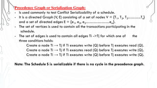 Precedence Graph or Serialization Graph:
- Is used commonly to test Conflict Serializability of a schedule.
- It is a directed Graph (V, E) consisting of a set of nodes V = {T1, T2, T3……….Tn}
and a set of directed edges E = {e1, e2, e3………………em}.
- The set of vertices is used to contain all the transactions participating in the
schedule.
- The set of edges is used to contain all edges Ti ->Tj for which one of the
three conditions holds:
Create a node Ti → Tj if Ti executes write (Q) before Tj executes read (Q).
Create a node Ti → Tj if Ti executes read (Q) before Tj executes write (Q).
Create a node Ti → Tj if Ti executes write (Q) before Tj executes write (Q).
Note: The Schedule S is serializable if there is no cycle in the precedence graph.
 