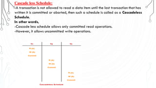Cascade less Schedule:
-A transaction is not allowed to read a data item until the last transaction that has
written it is committed or aborted, then such a schedule is called as a Cascadeless
Schedule.
In other words,
-Cascade less schedule allows only committed read operations.
-However, it allows uncommitted write operations.
 