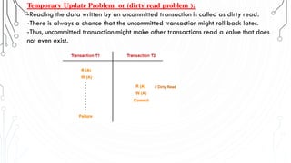 Temporary Update Problem or (dirty read problem ):
-Reading the data written by an uncommitted transaction is called as dirty read.
-There is always a chance that the uncommitted transaction might roll back later.
-Thus, uncommitted transaction might make other transactions read a value that does
not even exist.
 