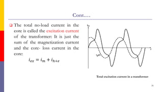 Cont.…
 The total no-load current in the
core is called the excitation current
of the transformer: It is just the
sum of the magnetization current
and the core- loss current in the
core:
𝑖𝑒𝑥 = 𝑖𝑚 + 𝑖ℎ+𝑒
31
Total excitation current in a transformer
 