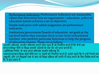 Indicators of quality learning
 Performance indicators: Performance indicators are measurable
values that determine how an organisation / education policy or
education system achieves a set of objectives.
 Simple indicators with added judgement are performance
indicators.
 Institutions/government/boards of education set goals at the
top level before they translate them to low-level (schools)and
teachers who perform particular functions to help the progress
of education process. These are as follows
•प्रदितन सोंक
े तक: प्रदितन सोंक
े तक मापने योग्य मूल् हैं जो शनधातरित किते हैं शक क
ै से एक
सोंगठन/शिक्षा नीशत या शिक्षा प्रणाली उद्देश्योों क
े एक सेट को प्राप्त किती है।
•अशतरिक्त शनणतय क
े साथ सिल सोंक
े तक प्रदितन सोंक
े तक हैं।
•सोंस्थाएों /सिकाि/शिक्षा बोडत िीषत स्ति पि लक्ष्ोों को शनधातरित किते हैं, इससे पहले शक वे उन्हें शनचले स्ति
(स्क
ू लोों) औि उन शिक्षकोों तक ले जाएों जो शिक्षा प्रशिया की प्रगशत में मदद किने क
े शलए शविेष कायत कि
हैं। ये इस प्रकाि हैं
 