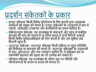 प्रदितन सोंक
े तकोों क
े प्रकाि
 इनपुट सोंक
े तक शकसी शविेष परियोजना क
े शलए क
ों पनी द्वािा आवश्यक
सोंसाधनोों की सोंख्या को मापते हैं। इनपुट सोंक
े तकोों क
े उदाहिणोों में हाथ में
नकदी, अशधग्रहीत उपकिण औि कमतचारियोों का समय िाशमल हैं।
 प्रशिया/पहोंच सोंक
े तक: यह जनसोंख्या क
े सोंसाधनोों औि पहोंच से सोंबोंशधत
कािकोों की माोंग को मापता है या इोंशगत किता है यानी शकतनी आबादी
शकसी शविेष सुशवधा/प्रशिक्षण की माोंग किती है औि उस सुशवधा तक
शकतनी पहोंच है।
 आउटपुट सोंक
े तक: आउटपुट सोंक
े तक शकसी प्रशिया या पहोंच गशतशवशध
की शवफलता या सफलता को मापते हैं। आउटपुट सोंक
े तकोों क
े उदाहिणोों
में लाभ, ड
र ॉपआउट औि नया नामाोंकन िाशमल हैं। वे प्रशिक्षण सत् या
तकनीकी सहायता की दक्षता का भी उल्लेख कि सकते हैं।
 परिणाम सोंक
े तक: यह जनसोंख्या क
े जीवन स्ति पि नीशतयोों औि
परियोजनाओों क
े प्रभाव या प्रभाव को मापता है।
 