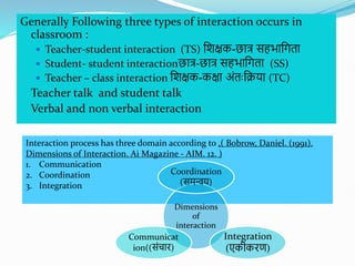 Generally Following three types of interaction occurs in
classroom :
 Teacher-student interaction (TS) शिक्षक-छात् सहभाशगता
 Student- student interactionछात्-छात् सहभाशगता (SS)
 Teacher – class interaction शिक्षक-कक्षा अोंतःशिया (TC)
 Teacher talk and student talk
 Verbal and non verbal interaction
Interaction process has three domain according to ,( Bobrow, Daniel. (1991).
Dimensions of Interaction. Ai Magazine - AIM. 12. )
1. Communication
2. Coordination
3. Integration
Dimensions
of
interaction
Coordination
(समन्वय)
Integration
(एकीकिण)
Communicat
ion((सोंचाि)
 