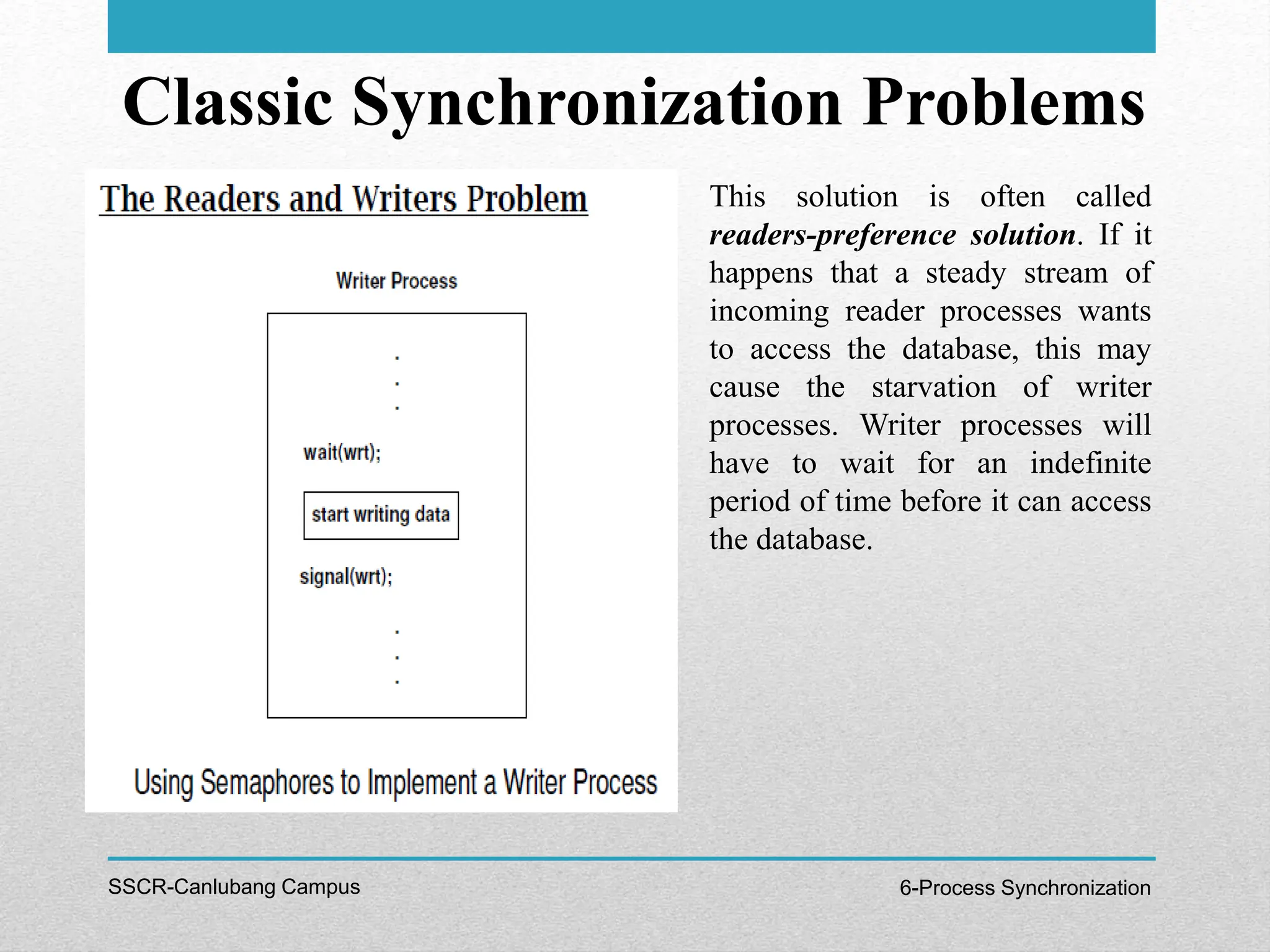 Classic Synchronization Problems
SSCR-Canlubang Campus 6-Process Synchronization
This solution is often called
readers-preference solution. If it
happens that a steady stream of
incoming reader processes wants
to access the database, this may
cause the starvation of writer
processes. Writer processes will
have to wait for an indefinite
period of time before it can access
the database.
 