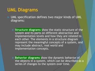 UML Diagrams
 UML specification defines two major kinds of UML
diagrams:
 Structure diagrams show the static structure of the
system and its parts on different abstraction and
implementation levels and how they are related to
each other. The elements in a structure diagram
represent the meaningful concepts of a system, and
may include abstract, real world and
implementation concepts.
 Behavior diagrams show the dynamic behavior of
the objects in a system, which can be described as a
series of changes to the system over time.
 