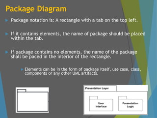 Package Diagram
 Package notation is: A rectangle with a tab on the top left.
 If it contains elements, the name of package should be placed
within the tab.
 If package contains no elements, the name of the package
shall be paced in the interior of the rectangle.
 Elements can be in the form of package itself, use case, class,
components or any other UML artifacts.
 