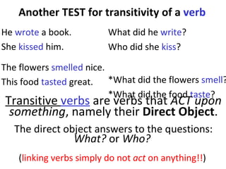 He  wrote  a book. She  kissed  him.  The flowers  smelled  nice.  This food  tasted  great.  What did he  write ?  Who did she  kiss ? *What did the flowers  smell ? *What did the food  taste ?  Another TEST for transitivity of a  verb Transitive  verbs  are verbs that  ACT   upon   something , namely their  Direct Object . The direct object answers to the questions:  What?  or  Who?   ( linking verbs simply do not  act  on anything!! )  
