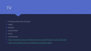 TV
 Producer/Executive Producer
 Editor
 Director
 Script Writer
 Actor
 Cameraman
 http://www.televisual.com/read-reports-surveys/39/Salary-Survey-2015.html
 https://www.ziprecruiter.com/Salaries/Script-Editor-Salary
 