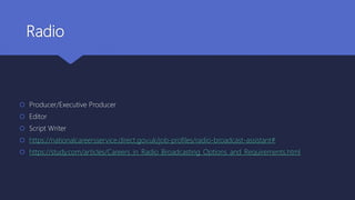 Radio
 Producer/Executive Producer
 Editor
 Script Writer
 https://nationalcareersservice.direct.gov.uk/job-profiles/radio-broadcast-assistant#
 https://study.com/articles/Careers_in_Radio_Broadcasting_Options_and_Requirements.html
 