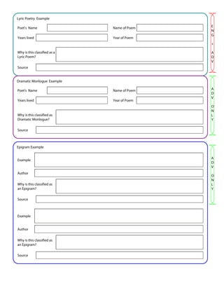 Lyric Poetry Example

Poet's Name                   Name of Poem   E
                                             N
                                             G
Years lived                   Year of Poem
                                             +

Why is this classified as a                  A
Lyric Poem?                                  D
                                             V
Source


Dramatic Monlogue Example

Poet's Name                   Name of Poem   A
                                             D
                                             V
Years lived                   Year of Poem
                                             O
                                             N
Why is this classified as                    L
Dramatic Monlogue?                           Y

Source



Epigram Example

                                             A
Example
                                             D
                                             V
Author
                                             O
                                             N
Why is this classified as                    L
an Epigram?                                  Y

Source



Example


Author


Why is this classified as
an Epigram?

Source
 