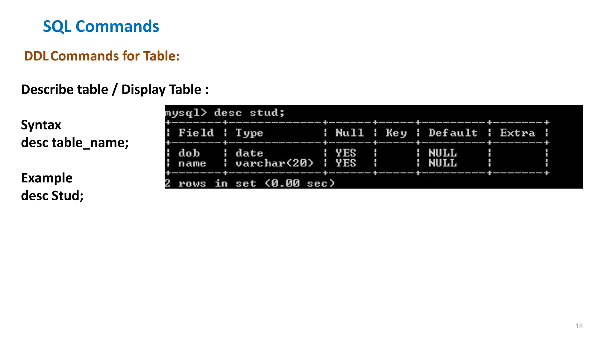 18
SQL Commands
DDLCommands for Table:
Describe table / Display Table :
Syntax
desc table_name;
Example
desc Stud;
 
