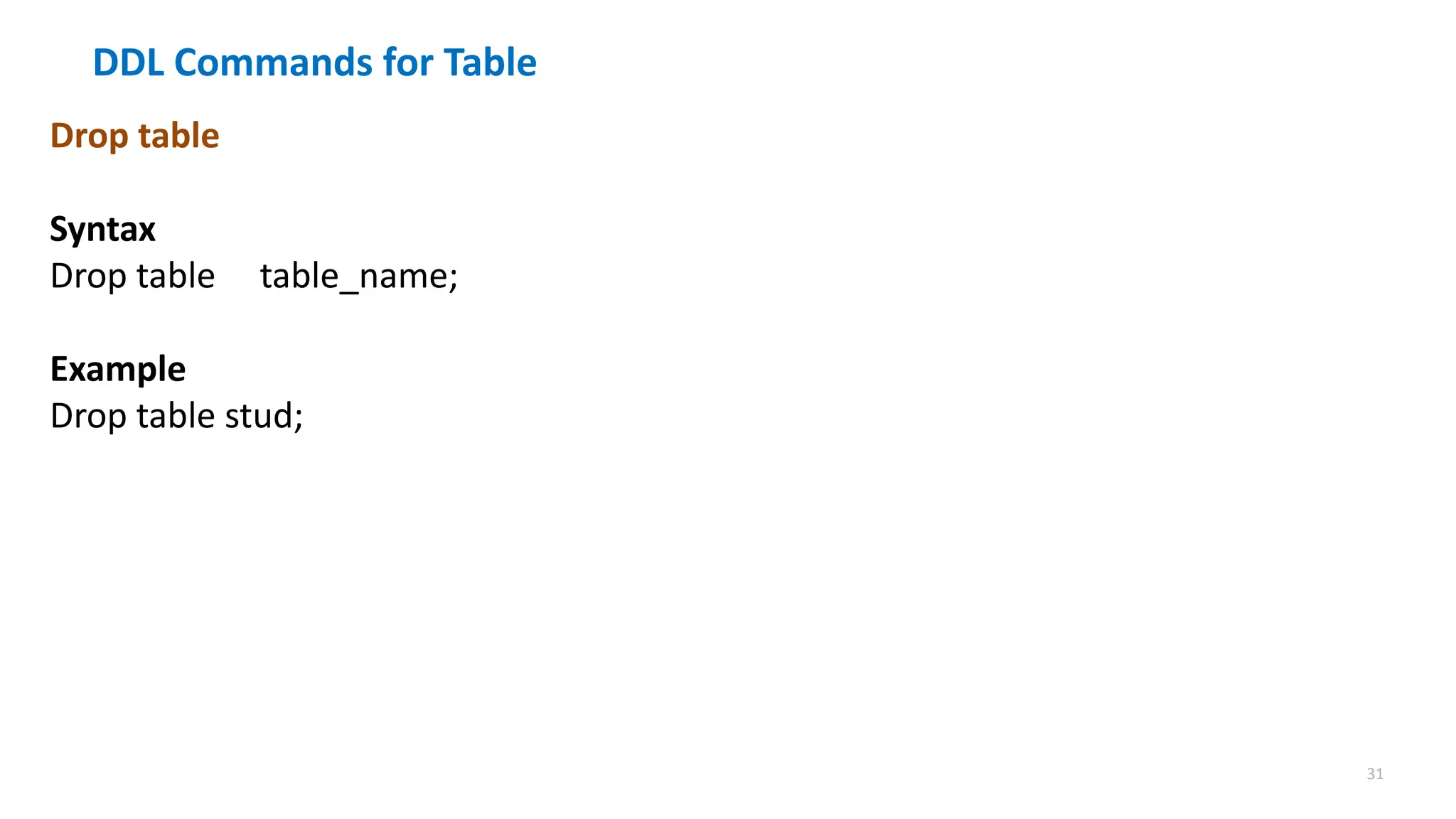 31
DDL Commands for Table
Drop table
Syntax
Drop table table_name;
Example
Drop table stud;
 