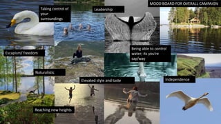 MOOD BOARD FOR OVERALL CAMPAIGN
Being able to control
water; its you're
say/way
Escapism/ freedom
Reaching new heights
Elevated style and taste Independence
Taking control of
your
surroundings
Leadership
Naturalistic
 