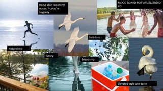 MOOD BOARD FOR VISUAL/AUDIO
AD
freedom
luxury
friendship
Elevated style and taste
Being able to control
water; its you're
say/way
Naturalistic
 
