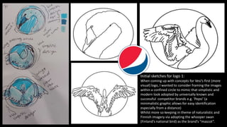 Initial sketches for logo 1:
When coming up with concepts for Vesi’s first (more
visual) logo, I wanted to consider framing the images
within a confined circle to mimic that simplistic and
modern look adopted by universally known and
successful competitor brands e.g. ‘Pepsi’ (a
minimalistic graphic allows for easy identification
especially from a distance)
Whilst more so keeping in theme of naturalistic and
Finnish imagery via adopting the whooper swan
(Finland's national bird) as the brand’s “mascot”.
 