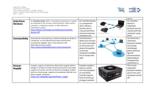 Salford City College
Eccles Sixth Form Centre
BTEC Extended Diploma in GAMES DESIGN
Unit 20: Computer Game Platforms and Technologies
Brief 1_Task 2
startit.
Interface
Devices
An interface device (IDF) is a hardwarecomponent or system
of components that allows a human being to interactwith a
computer, a telephone system, or other electronic
information system.
http://whatis.techtarget.com/definition/interface-
device-IDF
An interface device
isa component
that’sallowsa
humanuserto
interactwiththeir
electronicdevices,
computersetc.
An interface
device is
important
because youcan
interactwiththe
computerusing
them.
Connectivity Connectivity is the quality or condition of being connected or
connective, Itis also theability to make and maintain
a connection between two or more points in the
telecommunication system.
http://www.thefreedictionary.com/connectivity
Connectivityis
where youconnect
to a live connection
or wifi soyoucan
playonline games
or justuse
computers/mobiles
etc to browse the
web.
Connectivityis
important
because itallows
youto play
multiplayer
gameswithout
lag and
disconnections,
dependingon
howgood the
connectionis.
Power
Supply
A power supply is an electronic devicethat supplies electric
energy to an electrical load.The primary function of a power
supply is to convert one form of electrical energy to another
and, as a result,power supplies aresometimes referred to as
electric power converters.
https://en.wikipedia.org/wiki/Power_supply
A powersupplyis
whatis usedto
turn the computer
on and off by
transferringone
formof electrical
energytoanother.
Thisis very
important
because itallows
youto turn your
computeronand
off.
 