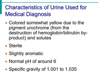 Characteristics of Urine Used for
Medical Diagnosis
 Colored somewhat yellow due to the
pigment urochrome (from the
destruction of hemoglobin/bilirubin by-
product) and solutes
 Sterile
 Slightly aromatic
 Normal pH of around 6
 Specific gravity of 1.001 to 1.035
 