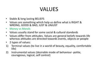 VALUES
• Stable & long lasting BELIEFS
• Values are something which help us define what is RIGHT &
WRONG, GOOD & BAD, JUST & UNJUST
• Money vs Morals
• Values usually stand for some social & cultural standards
• Values differ from attitudes. Values are general beliefs towards life
whereas attitudes are directed towards events, objects or people
• 2 types of values:
1) Terminal values (to live in a world of beauty, equality, comfortable
life)
2) Instrumental values (desirable mode of behaviour -polite,
courageous, logical, self control)
 