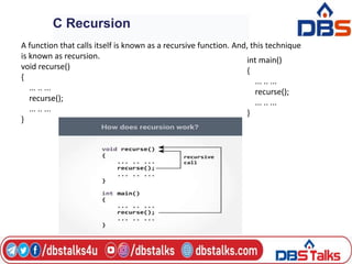 C Recursion
A function that calls itself is known as a recursive function. And, this technique
is known as recursion.
void recurse()
{
... .. ...
recurse();
... .. ...
}
int main()
{
... .. ...
recurse();
... .. ...
}
 