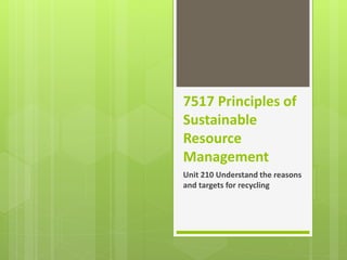 7517 Principles of
Sustainable
Resource
Management
Unit 210 Understand the reasons
and targets for recycling
 