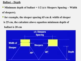 Ballast – Depth
 Minimum depth of ballast = 1/2 (c/c Sleepers Spacing – Width
of sleepers).
 for example, the sleeper spacing 65 cm & width of sleeper
is 25 cm, the calculate above equation minimum depth of
ballast is 20 cm
 