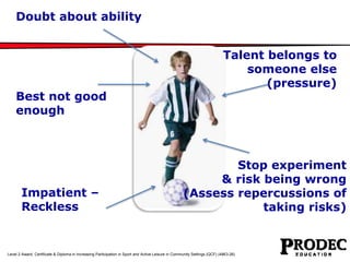 Talent belongs to 
Level 2 Award, Certificate & Diploma in Increasing Participation in Sport and Active Leisure in Community Settings (QCF) (4863-26) 
someone else 
(pressure) 
Doubt about ability 
Best not good 
enough 
Impatient – 
Reckless 
Stop experiment 
& risk being wrong 
(Assess repercussions of 
taking risks) 
 