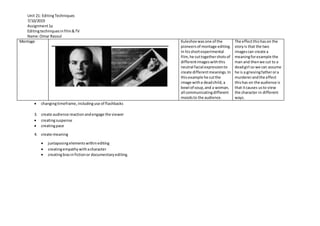Unit 21: EditingTechniques
7/10/2019
Assignment1a
Editingtechniquesinfilm&TV
Name:Omar Rasoul
 changingtimeframe,includinguse of flashbacks
3. create audience reactionandengage the viewer
 creatingsuspense
 creatingpace
4. create meaning
 juxtaposingelementswithinediting
 creatingempathywithacharacter
 creatingbiasinfictionor documentaryediting.
Montage Kuleshovwasone of the
pioneersof montage editing.
In hisshortexperimental
film,he cuttogethershotsof
differentimageswiththis
neutral facial expressionto
create differentmeanings.In
thisexample he cutthe
image witha deadchild,a
bowl of soup,and a woman,
all communicatingdifferent
moodsto the audience.
The effectthishason the
storyis that the two
imagescan create a
meaningforexample the
man and thenwe cut to a
deadgirl so we can assume
he is a grievingfatherora
murdererandthe effect
thishas on the audience is
that itcauses usto view
the character in different
ways.
 