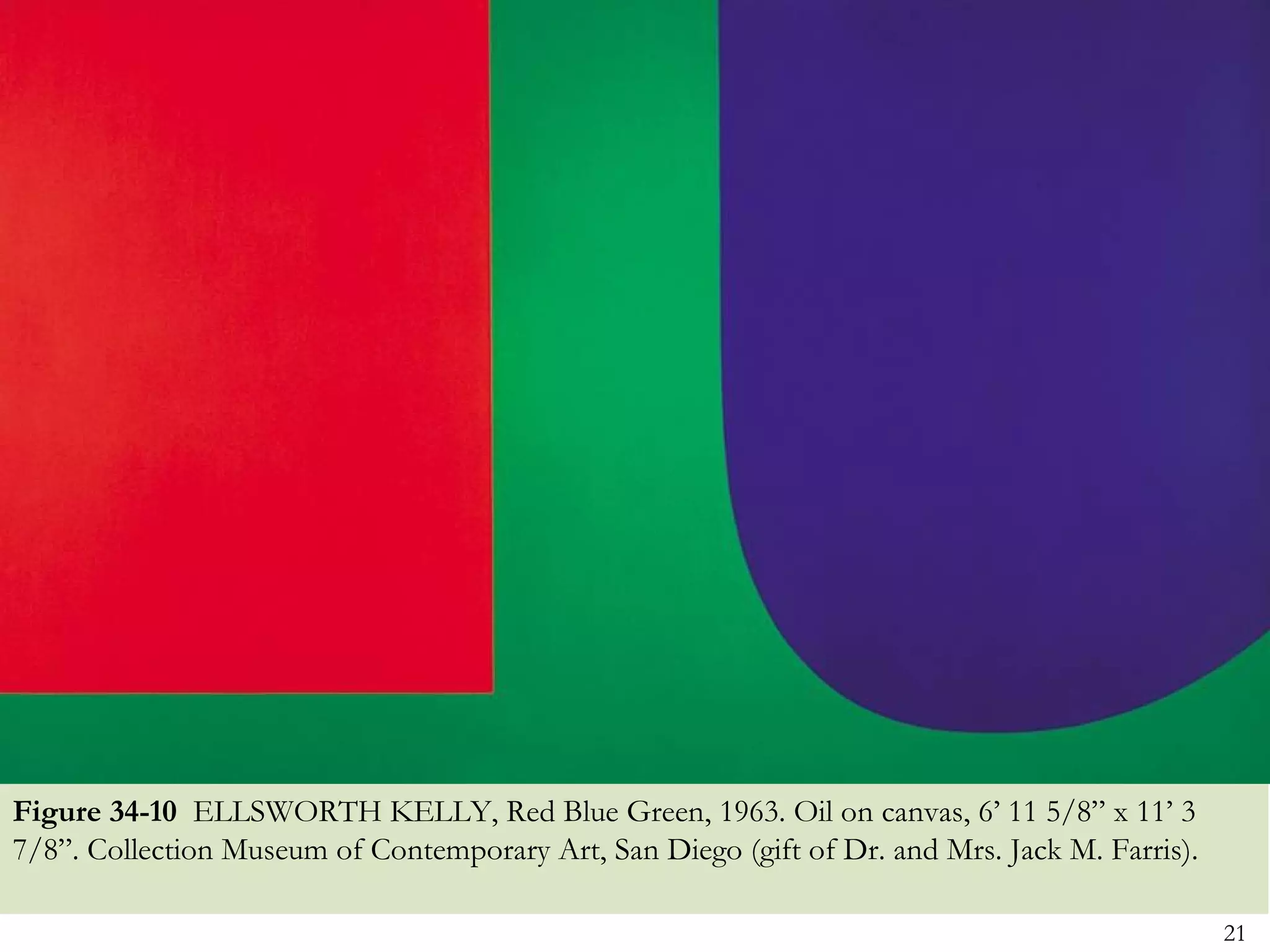 Figure 34-10 ELLSWORTH KELLY, Red Blue Green, 1963. Oil on canvas, 6’ 11 5/8” x 11’ 3
7/8”. Collection Museum of Contemporary Art, San Diego (gift of Dr. and Mrs. Jack M. Farris).

                                                                                                21
 