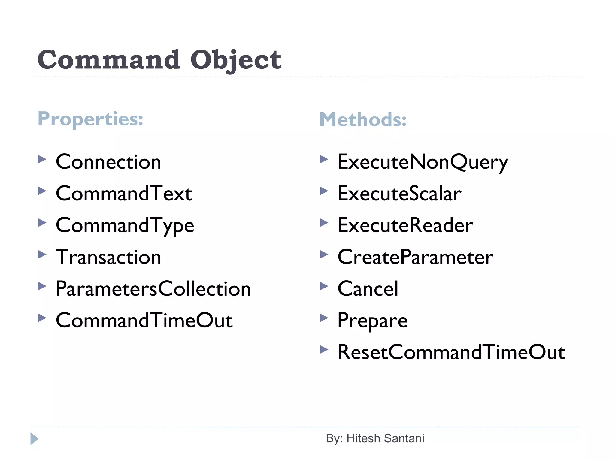 Command Object
Properties: Methods:
 Connection
 CommandText
 CommandType
 Transaction
 ParametersCollection
 CommandTimeOut
 ExecuteNonQuery
 ExecuteScalar
 ExecuteReader
 CreateParameter
 Cancel
 Prepare
 ResetCommandTimeOut
By: Hitesh Santani
 