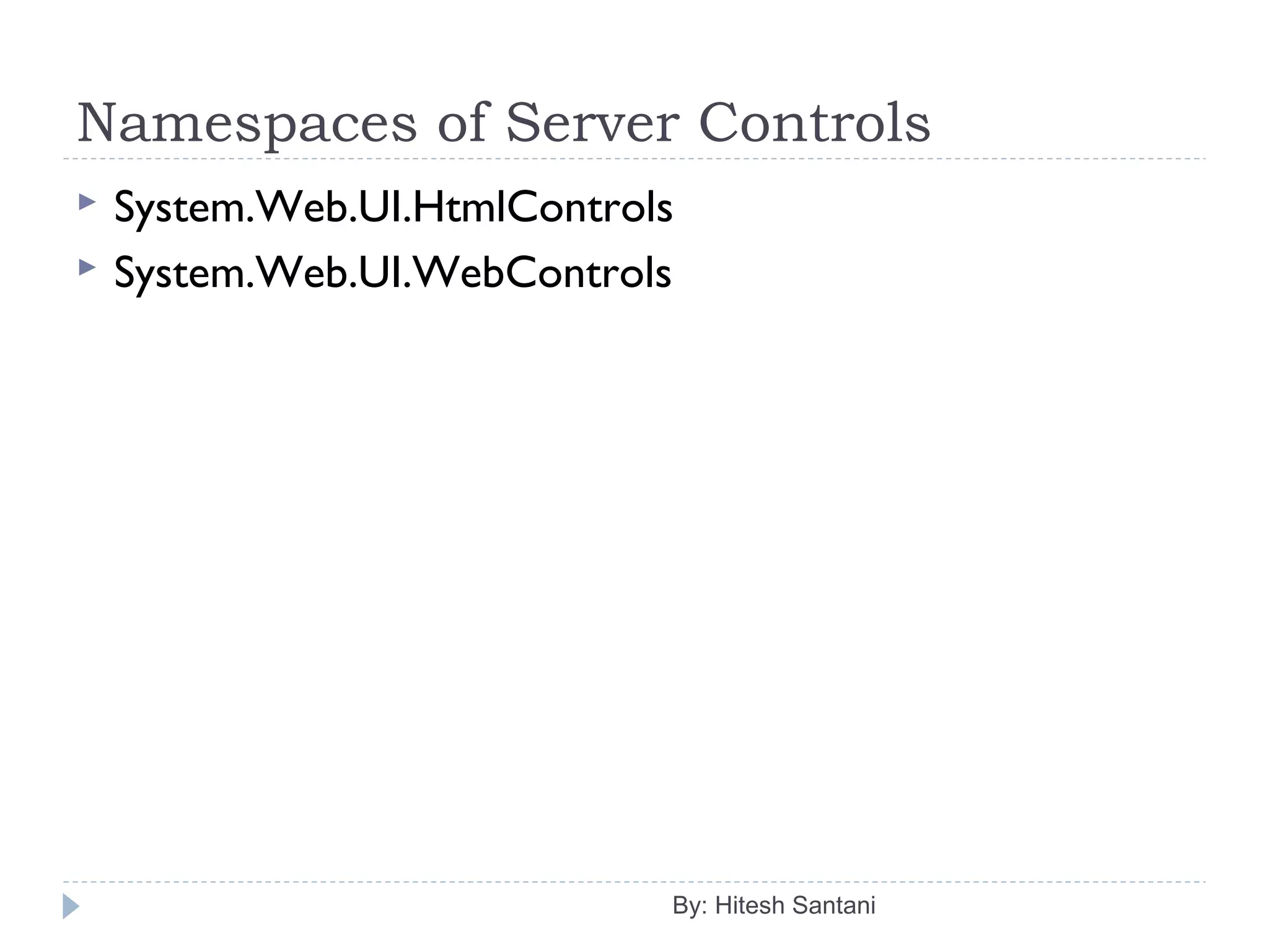 Namespaces of Server Controls
 System.Web.UI.HtmlControls
 System.Web.UI.WebControls
By: Hitesh Santani
 