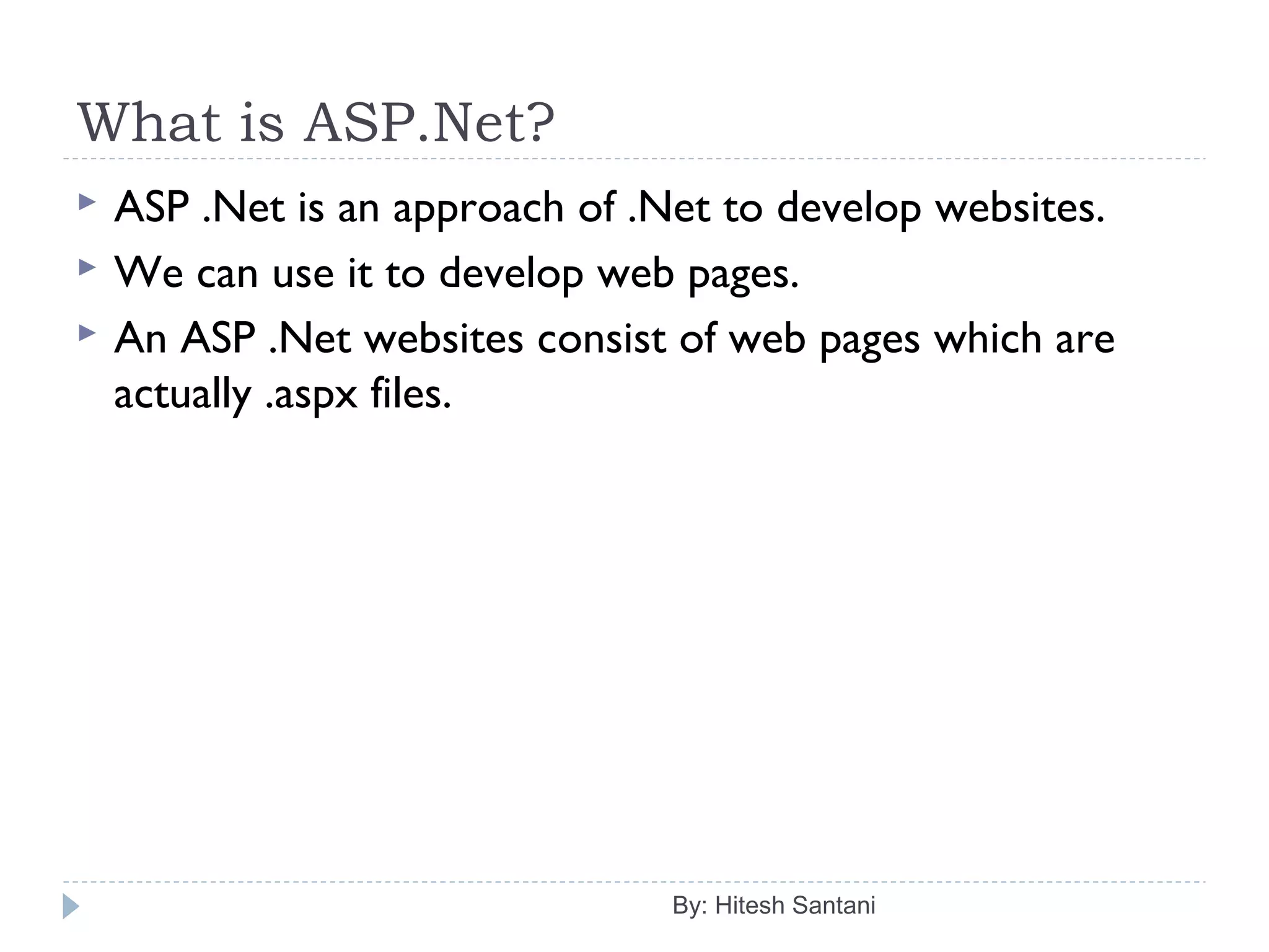 What is ASP.Net?
By: Hitesh Santani
 ASP .Net is an approach of .Net to develop websites.
 We can use it to develop web pages.
 An ASP .Net websites consist of web pages which are
actually .aspx files.
 