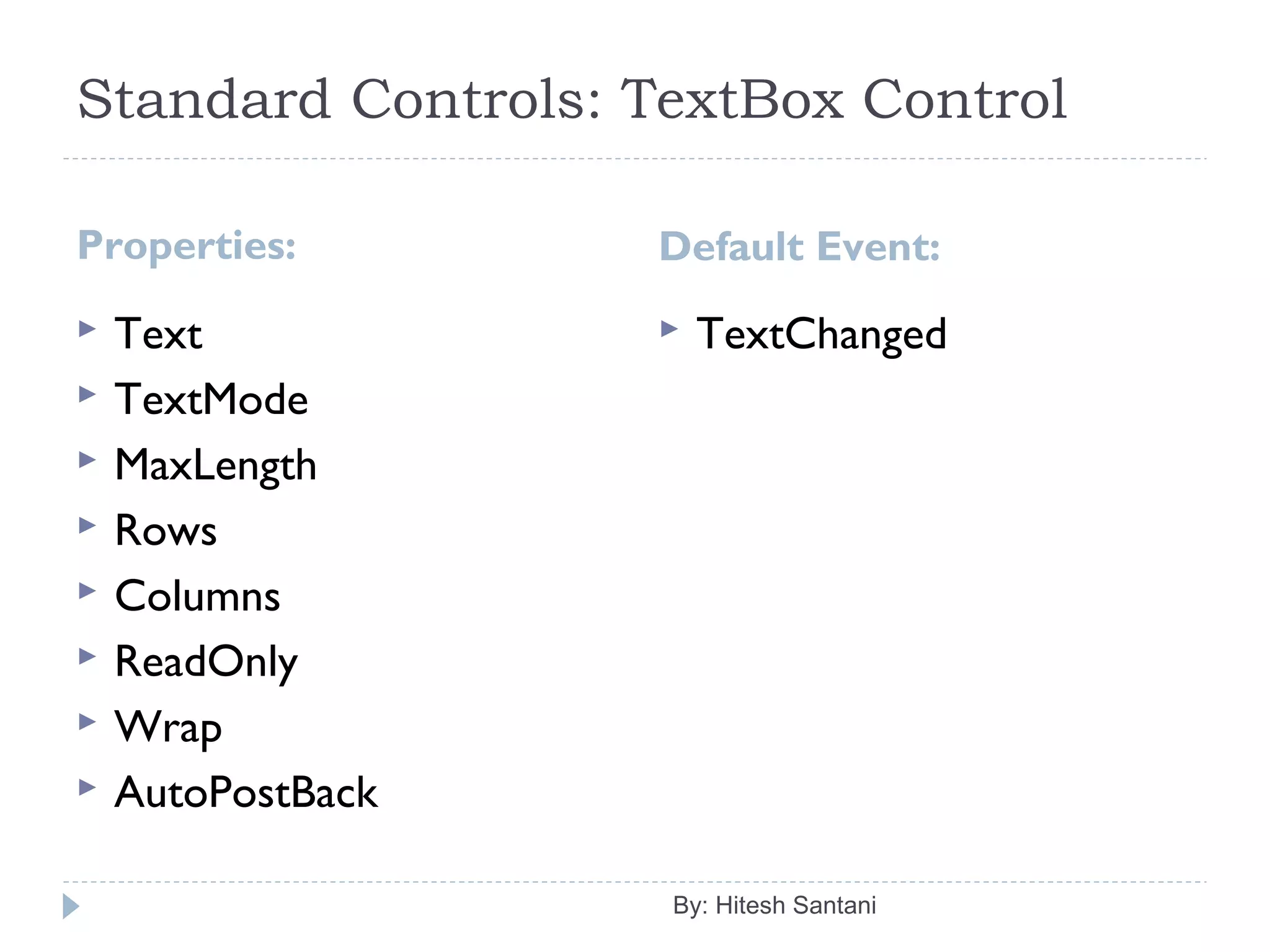 Standard Controls: TextBox Control
Properties: Default Event:
 Text
 TextMode
 MaxLength
 Rows
 Columns
 ReadOnly
 Wrap
 AutoPostBack
 TextChanged
By: Hitesh Santani
 