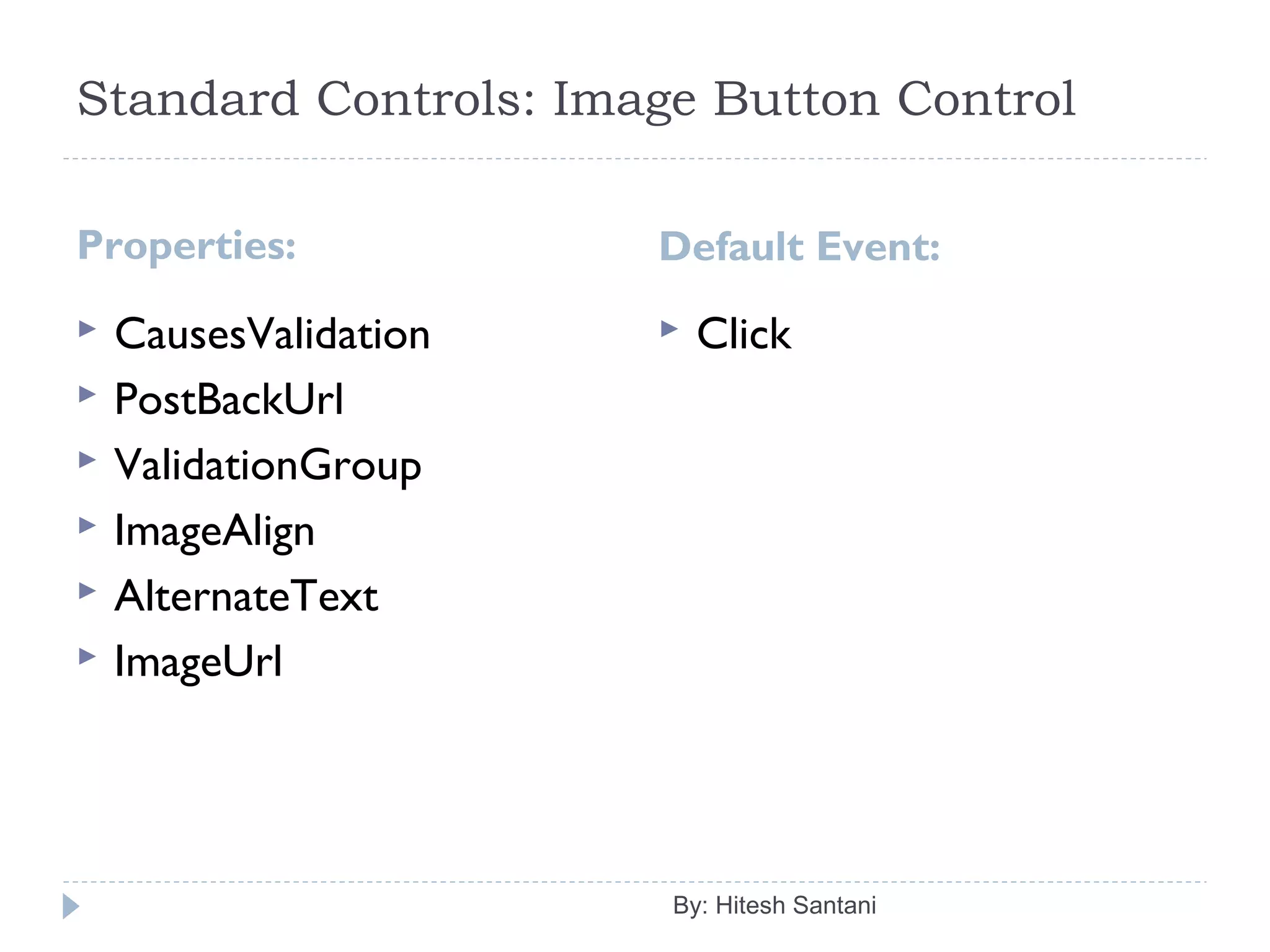 Standard Controls: Image Button Control
Properties: Default Event:
 CausesValidation
 PostBackUrl
 ValidationGroup
 ImageAlign
 AlternateText
 ImageUrl
 Click
By: Hitesh Santani
 