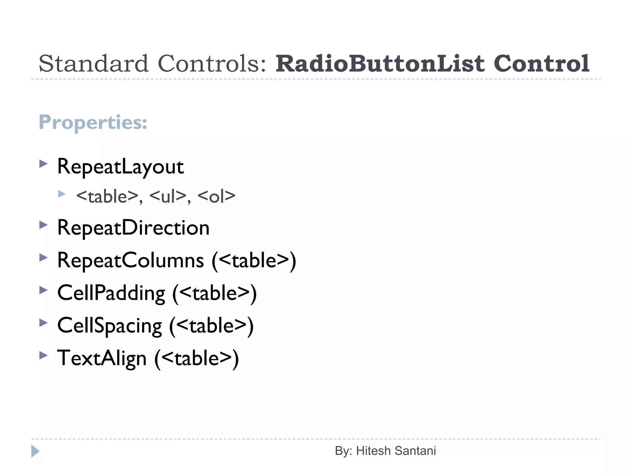 Standard Controls: RadioButtonList Control
Properties:
 RepeatLayout
 <table>, <ul>, <ol>
 RepeatDirection
 RepeatColumns (<table>)
 CellPadding (<table>)
 CellSpacing (<table>)
 TextAlign (<table>)
By: Hitesh Santani
 