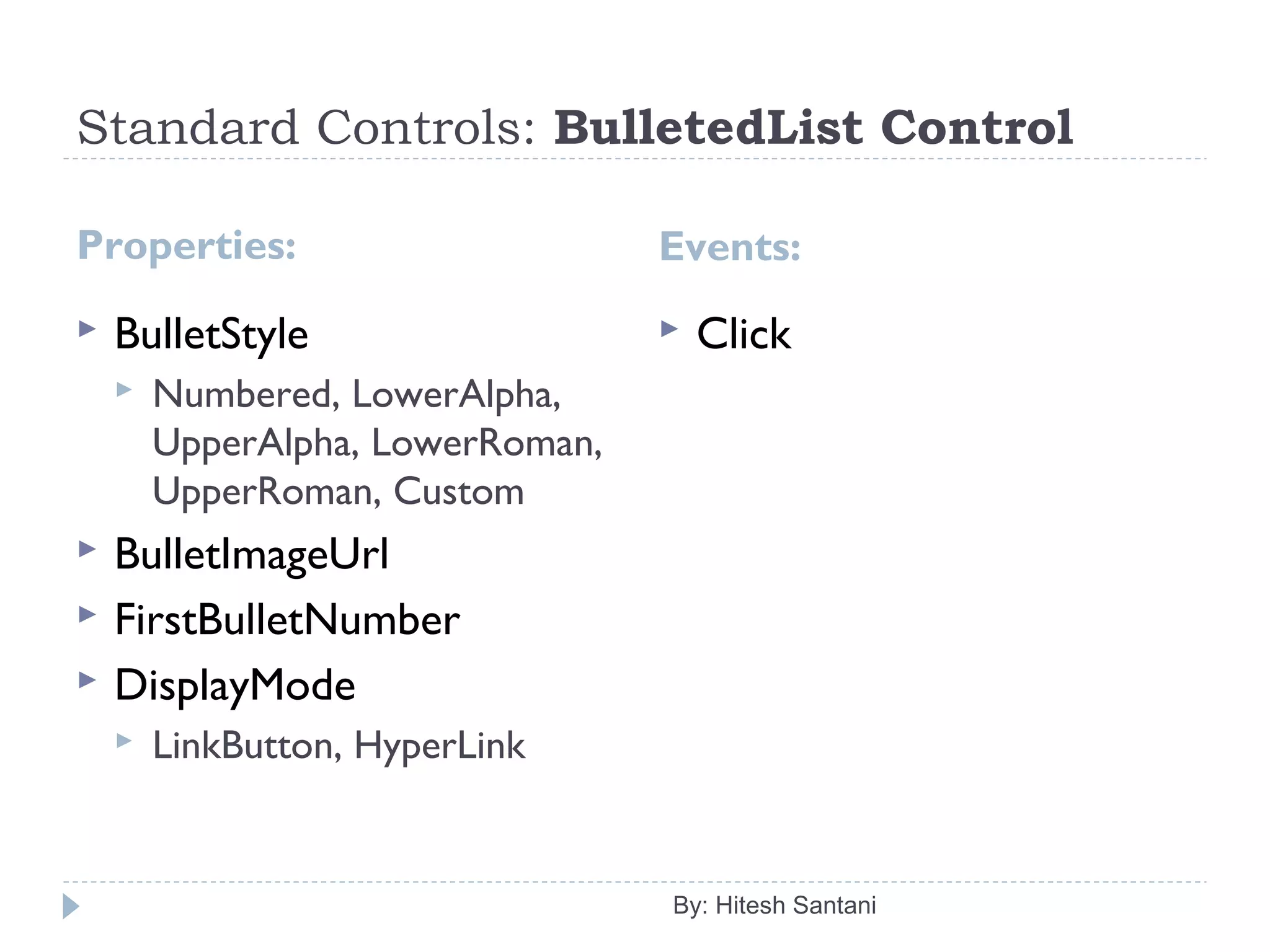 Standard Controls: BulletedList Control
Properties:
 BulletStyle
 Numbered, LowerAlpha,
UpperAlpha, LowerRoman,
UpperRoman, Custom
 BulletImageUrl
 FirstBulletNumber
 DisplayMode
 LinkButton, HyperLink
By: Hitesh Santani
Events:
 Click
 