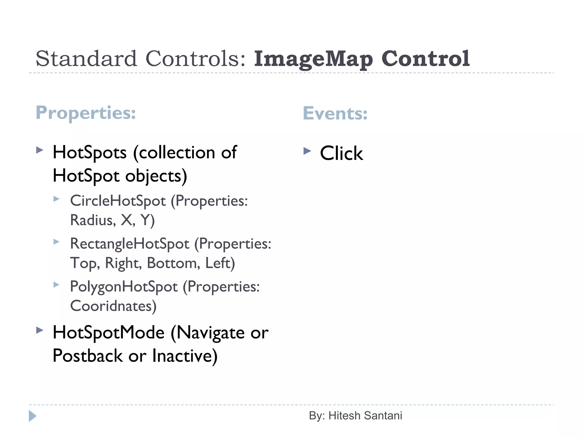 Standard Controls: ImageMap Control
Properties:
 HotSpots (collection of
HotSpot objects)
 CircleHotSpot (Properties:
Radius, X, Y)
 RectangleHotSpot (Properties:
Top, Right, Bottom, Left)
 PolygonHotSpot (Properties:
Cooridnates)
 HotSpotMode (Navigate or
Postback or Inactive)
By: Hitesh Santani
Events:
 Click
 
