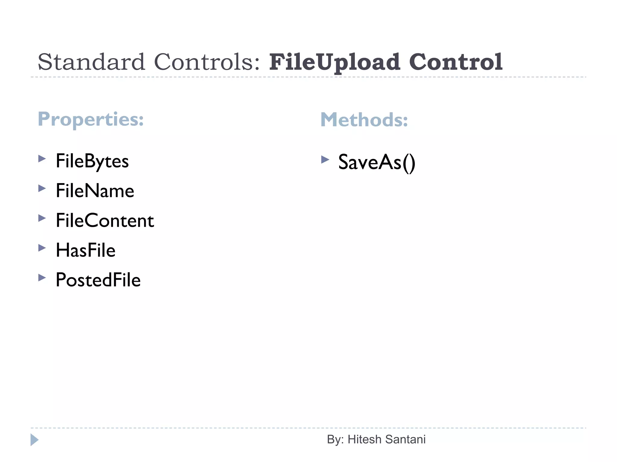 Standard Controls: FileUpload Control
Properties:
 FileBytes
 FileName
 FileContent
 HasFile
 PostedFile
By: Hitesh Santani
Methods:
 SaveAs()
 