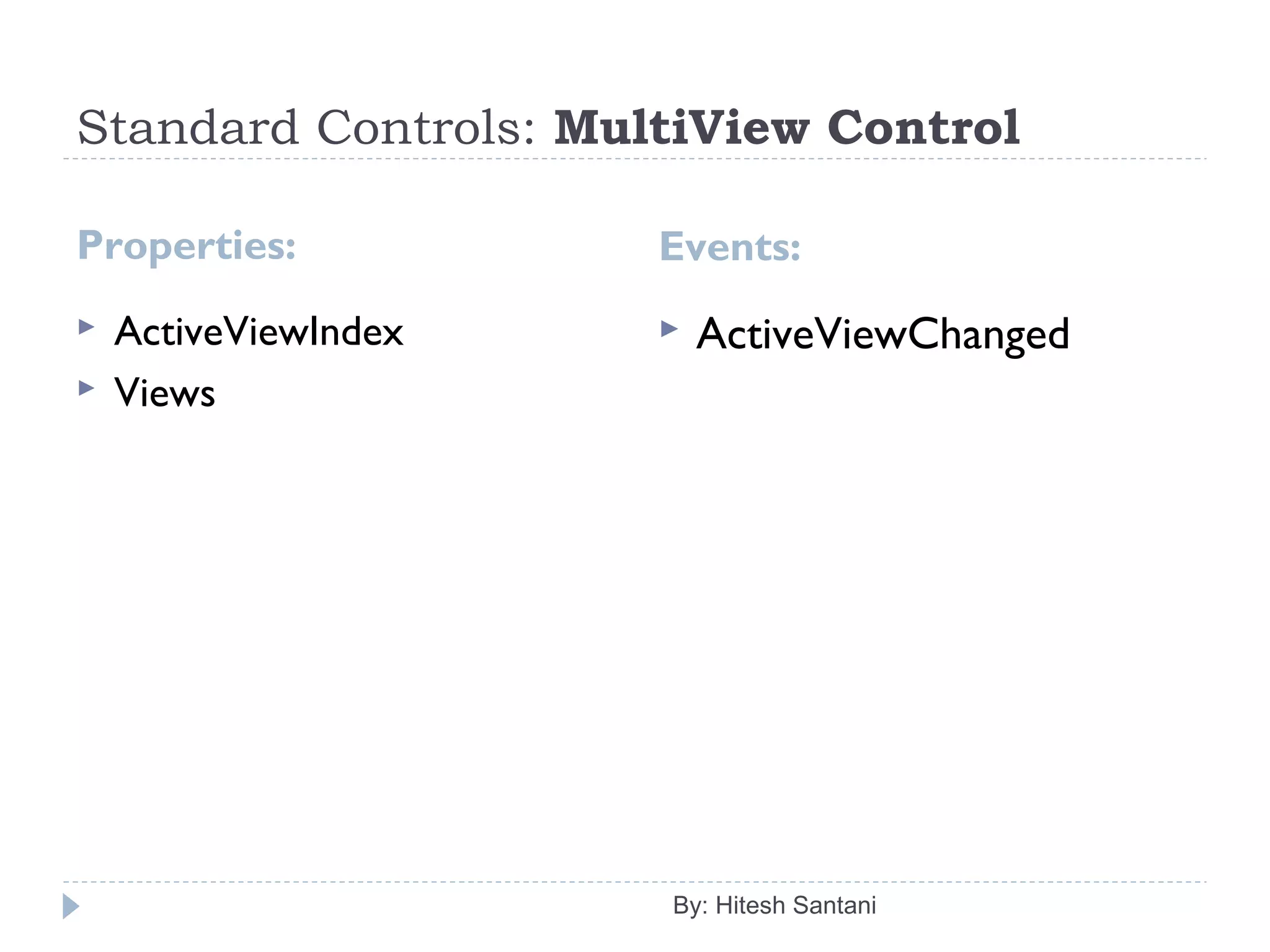 Standard Controls: MultiView Control
Properties:
 ActiveViewIndex
 Views
By: Hitesh Santani
 ActiveViewChanged
Events:
 