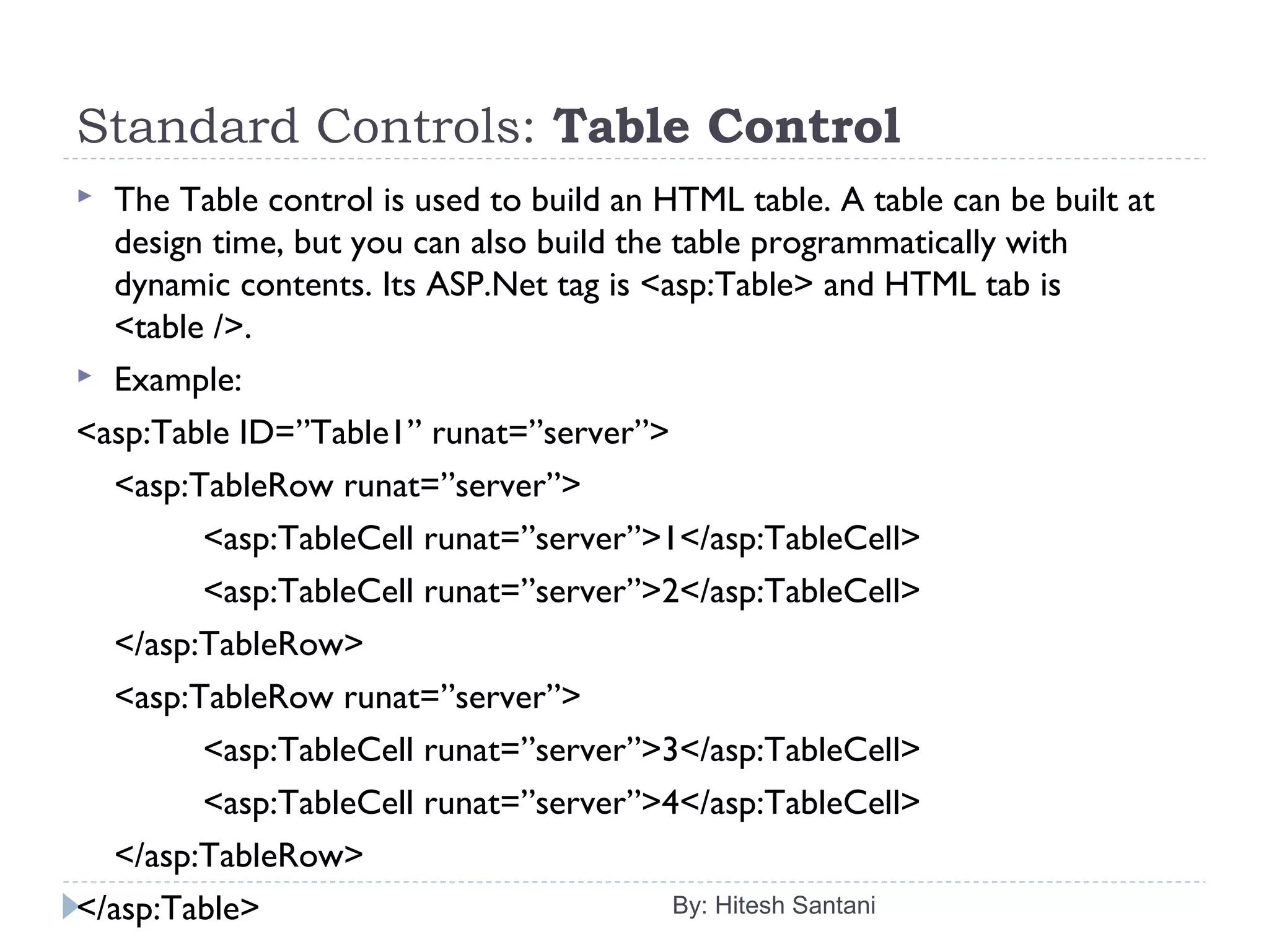 Standard Controls: Table Control
 The Table control is used to build an HTML table. A table can be built at
design time, but you can also build the table programmatically with
dynamic contents. Its ASP.Net tag is <asp:Table> and HTML tab is
<table />.
 Example:
<asp:Table ID=”Table1” runat=”server”>
<asp:TableRow runat=”server”>
<asp:TableCell runat=”server”>1</asp:TableCell>
<asp:TableCell runat=”server”>2</asp:TableCell>
</asp:TableRow>
<asp:TableRow runat=”server”>
<asp:TableCell runat=”server”>3</asp:TableCell>
<asp:TableCell runat=”server”>4</asp:TableCell>
</asp:TableRow>
</asp:Table> By: Hitesh Santani
 