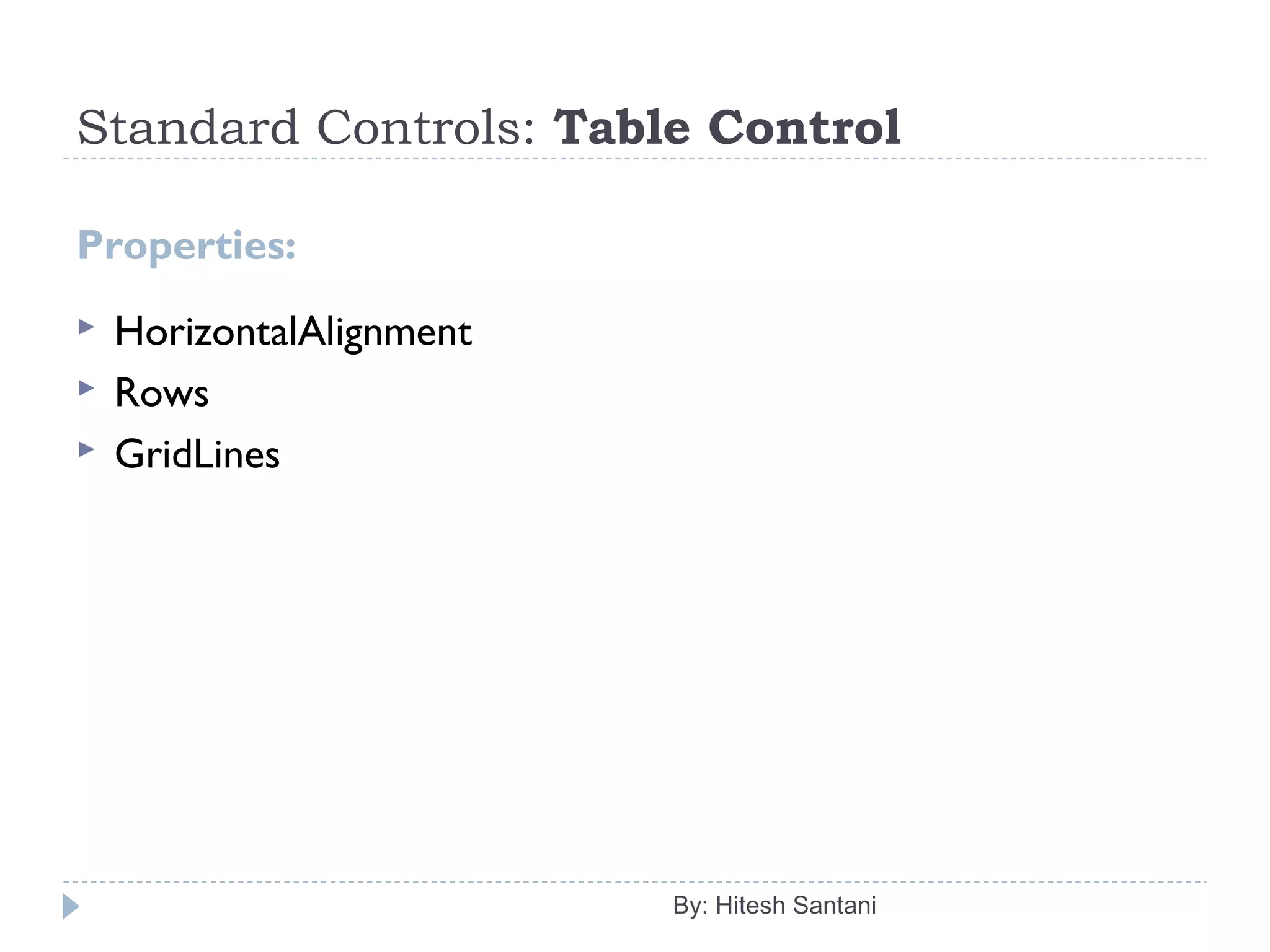 Standard Controls: Table Control
Properties:
 HorizontalAlignment
 Rows
 GridLines
By: Hitesh Santani
 
