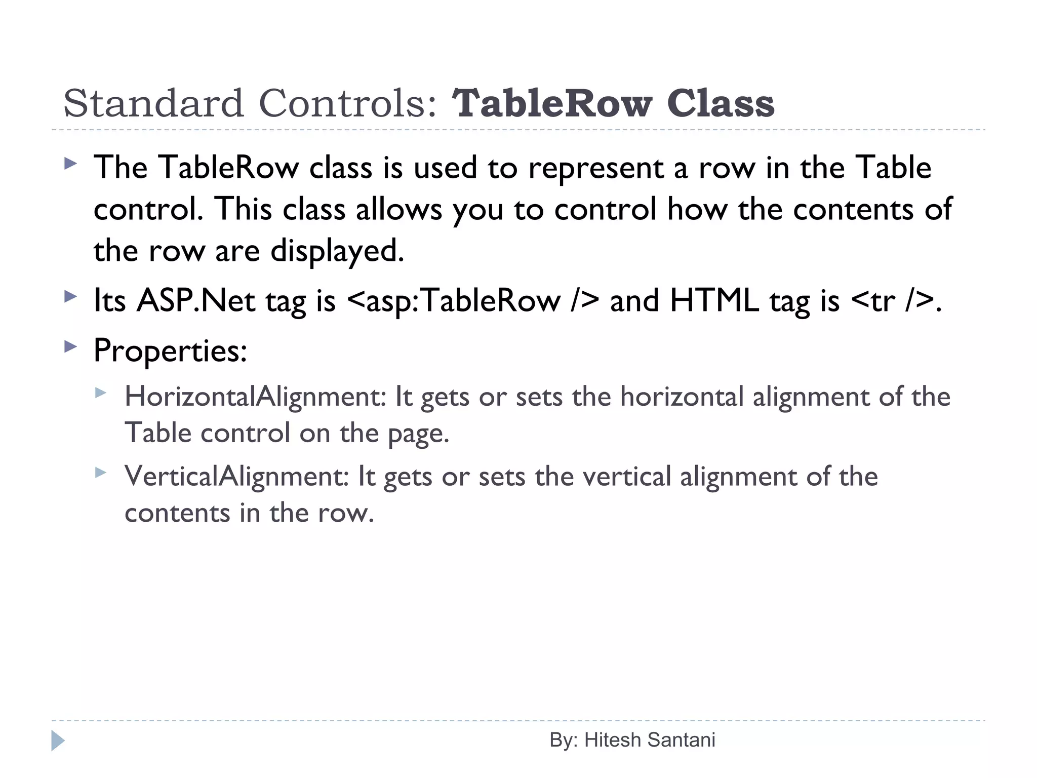 Standard Controls: TableRow Class
 The TableRow class is used to represent a row in the Table
control. This class allows you to control how the contents of
the row are displayed.
 Its ASP.Net tag is <asp:TableRow /> and HTML tag is <tr />.
 Properties:
 HorizontalAlignment: It gets or sets the horizontal alignment of the
Table control on the page.
 VerticalAlignment: It gets or sets the vertical alignment of the
contents in the row.
By: Hitesh Santani
 