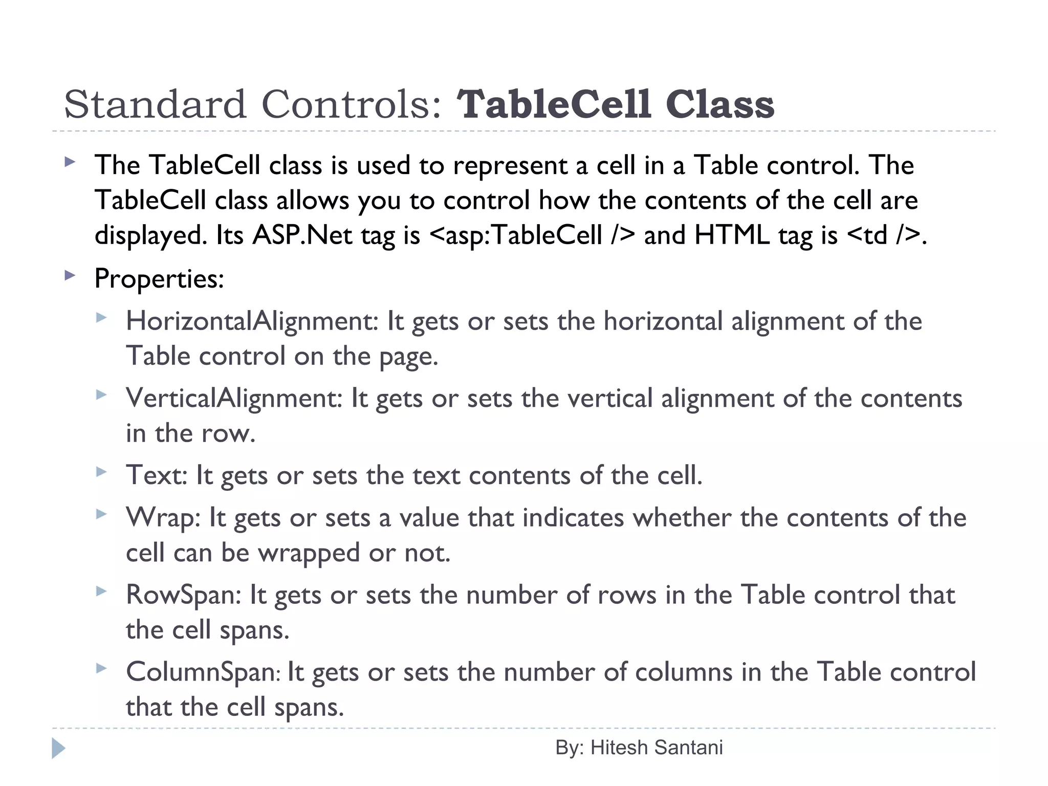 Standard Controls: TableCell Class
 The TableCell class is used to represent a cell in a Table control. The
TableCell class allows you to control how the contents of the cell are
displayed. Its ASP.Net tag is <asp:TableCell /> and HTML tag is <td />.
 Properties:
 HorizontalAlignment: It gets or sets the horizontal alignment of the
Table control on the page.
 VerticalAlignment: It gets or sets the vertical alignment of the contents
in the row.
 Text: It gets or sets the text contents of the cell.
 Wrap: It gets or sets a value that indicates whether the contents of the
cell can be wrapped or not.
 RowSpan: It gets or sets the number of rows in the Table control that
the cell spans.
 ColumnSpan: It gets or sets the number of columns in the Table control
that the cell spans.
By: Hitesh Santani
 