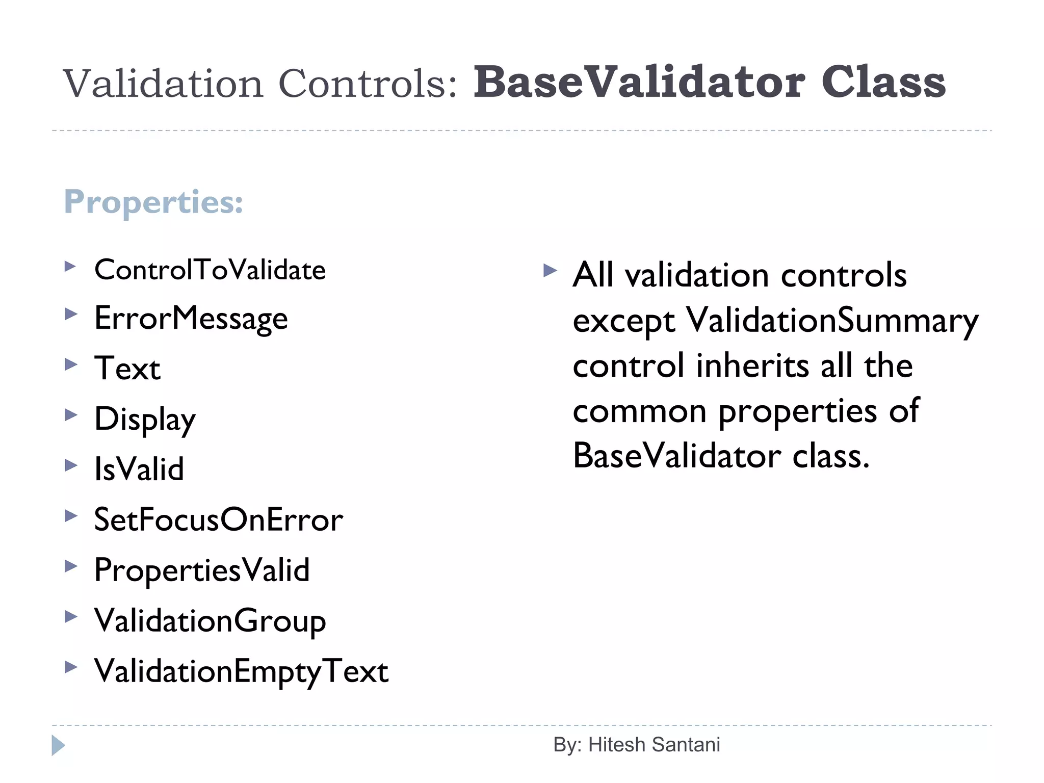 Validation Controls: BaseValidator Class
Properties:
 ControlToValidate
 ErrorMessage
 Text
 Display
 IsValid
 SetFocusOnError
 PropertiesValid
 ValidationGroup
 ValidationEmptyText
 All validation controls
except ValidationSummary
control inherits all the
common properties of
BaseValidator class.
By: Hitesh Santani
 