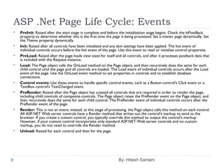 ASP .Net Page Life Cycle: Events
By: Hitesh Santani
 PreInit: Raised after the start stage is complete and before the initialization stage begins. Check the IsPostBack
property to determine whether this is the first time the page is being processed. Set a master page dynamically. Set
the Theme property dynamically.
 Init: Raised after all controls have been initialized and any skin settings have been applied. The Init event of
individual controls occurs before the Init event of the page. Use this event to read or initialize control properties.
 PreLoad: Raised after the page loads view state for itself and all controls, and after it processes postback data that
is included with the Request instance.
 Load: The Page object calls the OnLoad method on the Page object, and then recursively does the same for each
child control until the page and all controls are loaded. The Load event of individual controls occurs after the Load
event of the page. Use the OnLoad event method to set properties in controls and to establish database
connections.
 Control events: Use these events to handle specific control events, such as a Button control's Click event or a
TextBox control's TextChanged event.
 PreRender: Raised after the Page object has created all controls that are required in order to render the page,
including child controls of composite controls. The Page object raises the PreRender event on the Page object, and
then recursively does the same for each child control. The PreRender event of individual controls occurs after the
PreRender event of the page.
 Render: This is not an event; instead, at this stage of processing, the Page object calls this method on each control.
All ASP.NET Web server controls have a Render method that writes out the control's markup to send to the
browser. If you create a custom control, you typically override this method to output the control's markup.
However, if your custom control incorporates only standard ASP.NET Web server controls and no custom
markup, you do not need to override the Render method.
 Unload: Raised for each control and then for the page.
 