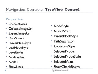 Navigation Controls: TreeView Control
Properties:
 CheckedNodes
 CollapseImageUrl
 ExpandImageUrl
 DataSource
 HoverNodeStyle
 LeafNodeStyle
 LevelStyles
 NodeIndent
 Nodes
 ShowLines
 NodeStyle
 NodeWrap
 ParentNodeStyle
 PathSeparator
 RootnodeStyle
 SelectedNode
 SelectedNodeStyle
 SelectedValue
 ShowCheckBoxes
By: Hitesh Santani
 