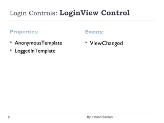 Login Controls: LoginView Control
Properties: Events:
 AnonymousTemplate
 LoggedInTemplate
 ViewChanged
By: Hitesh Santani
 