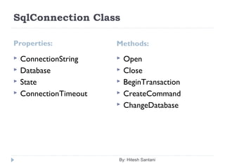 SqlConnection Class
Properties: Methods:
 ConnectionString
 Database
 State
 ConnectionTimeout
 Open
 Close
 BeginTransaction
 CreateCommand
 ChangeDatabase
By: Hitesh Santani
 